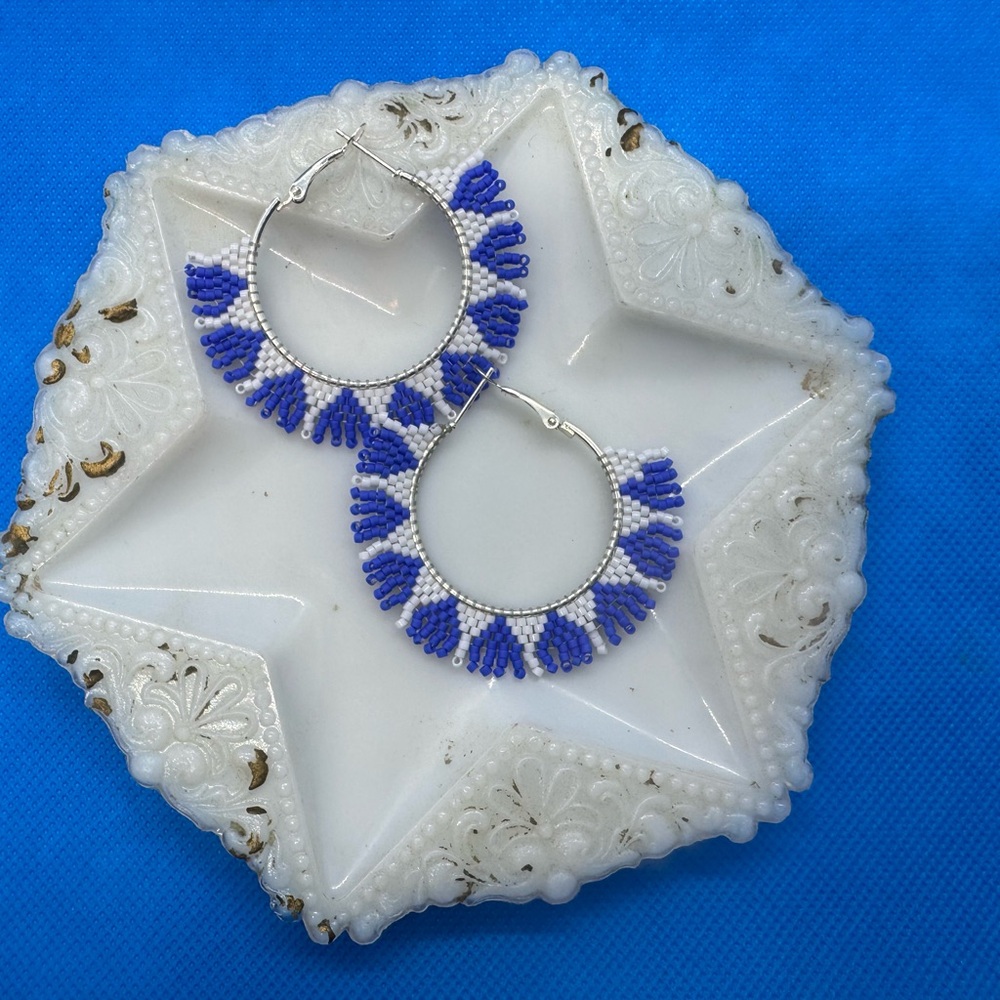 Blue and White Beaded Hoop Earrings